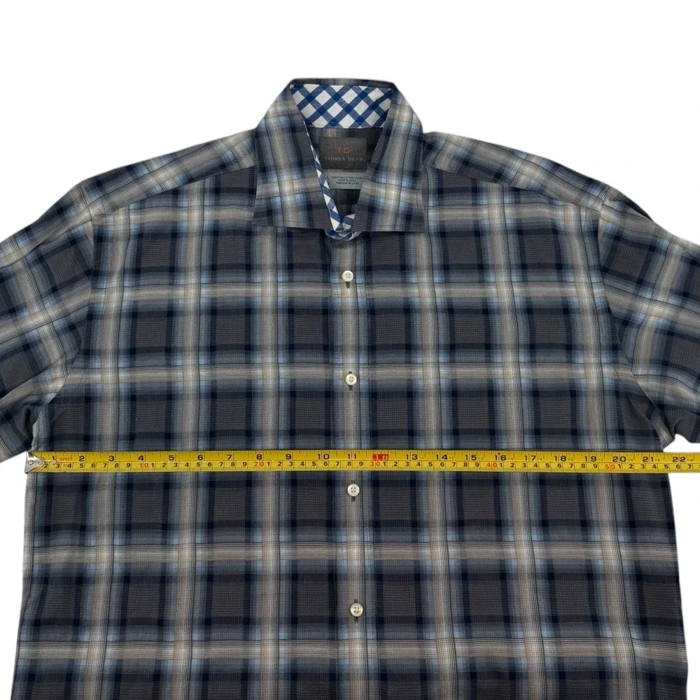 Thomas Dean Mens L Pima Cotton Plaid Button Down Shirt Grey Blue Gingham Trim